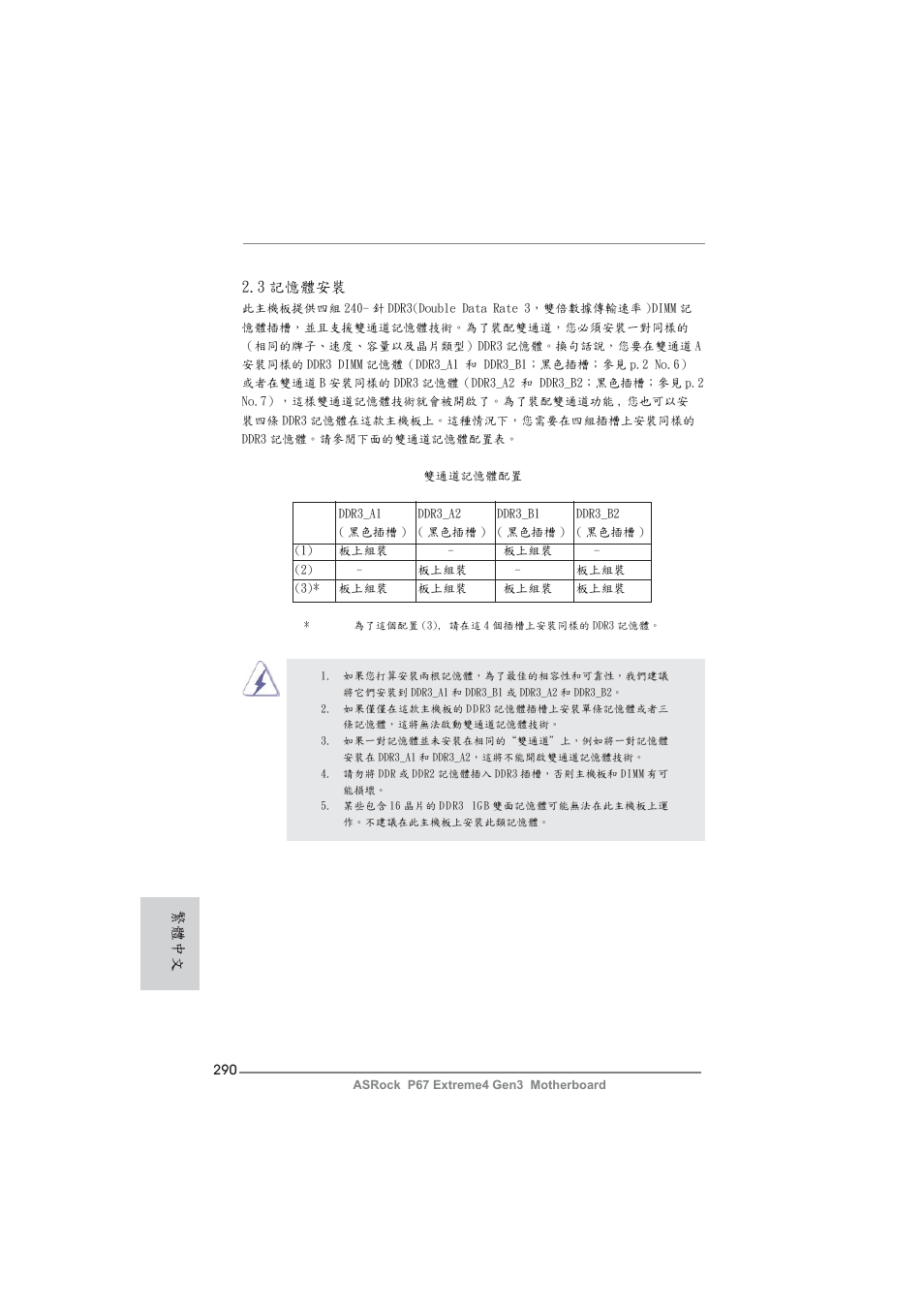 繁體中文 2.3 記憶體安裝 | ASRock P67 Extreme4 Gen3 User Manual | Page 290 / 304