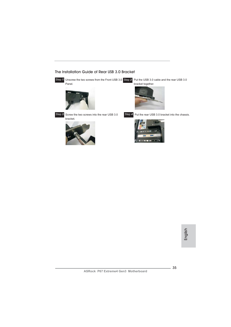 The installation guide of rear usb 3.0 bracket, English | ASRock P67 Extreme4 Gen3 User Manual | Page 35 / 304