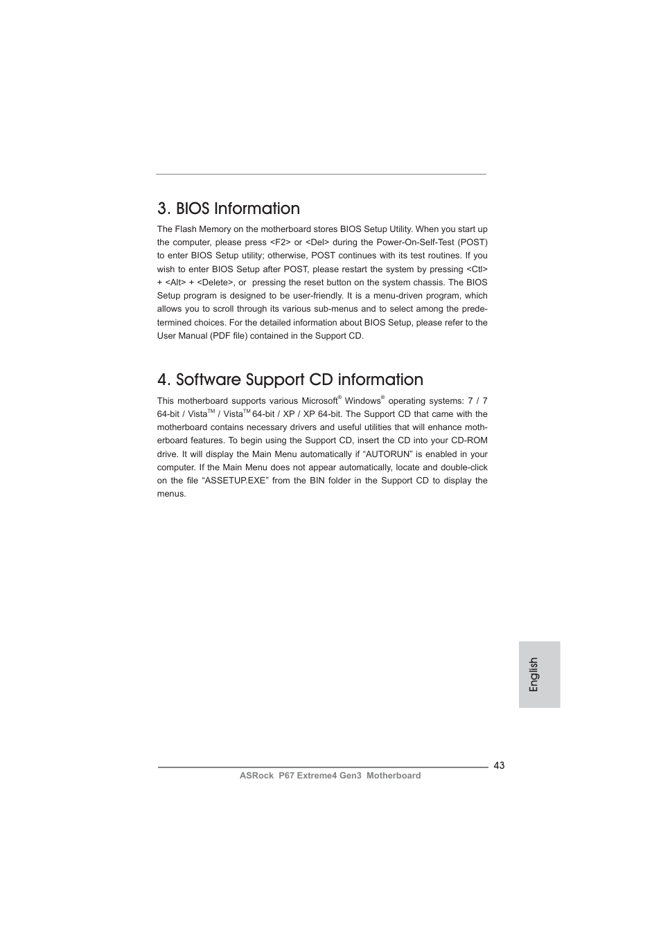 Bios information, Software support cd information, English | ASRock P67 Extreme4 Gen3 User Manual | Page 43 / 304