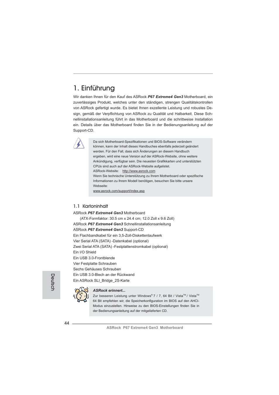 German, Einführung, 1 kartoninhalt | Deutsch | ASRock P67 Extreme4 Gen3 User Manual | Page 44 / 304