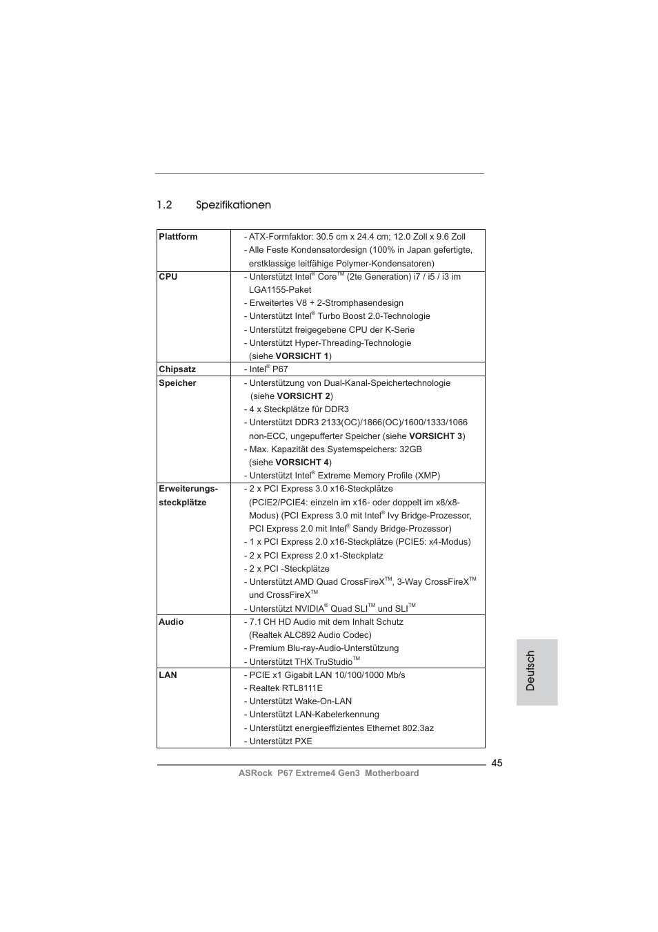 Deutsch 1.2 spezifikationen | ASRock P67 Extreme4 Gen3 User Manual | Page 45 / 304