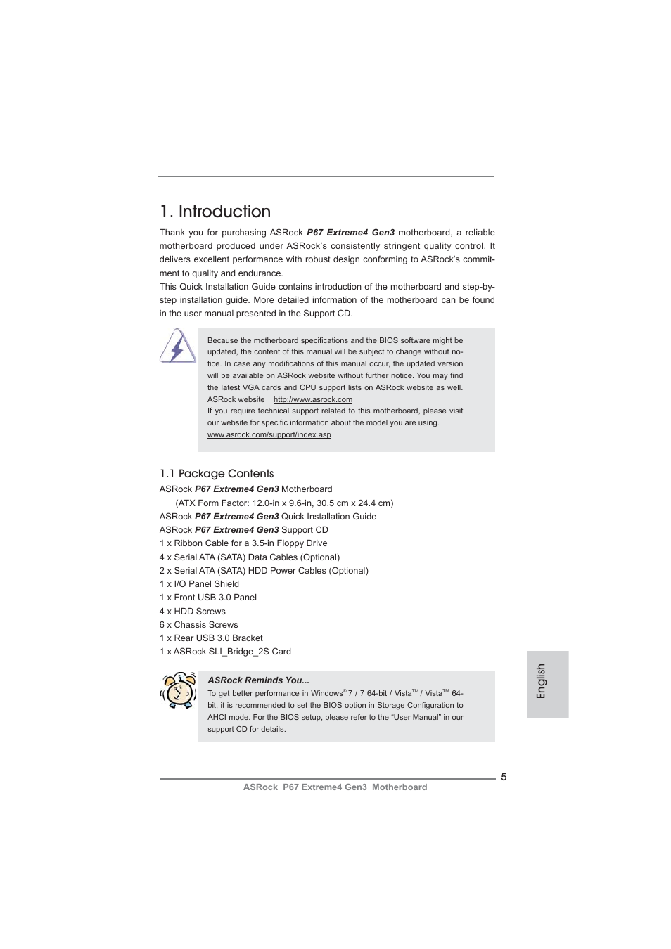 Introduction, 1 package contents, English | ASRock P67 Extreme4 Gen3 User Manual | Page 5 / 304