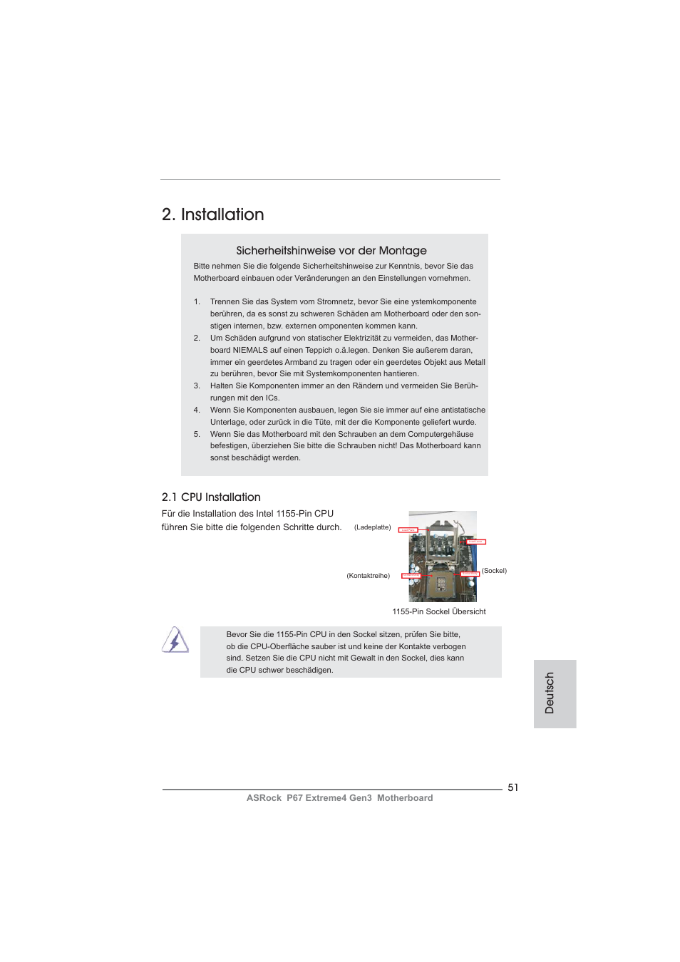 Installation, Sicherheitshinweise vor der montage, 1 cpu installation | Deutsch | ASRock P67 Extreme4 Gen3 User Manual | Page 51 / 304