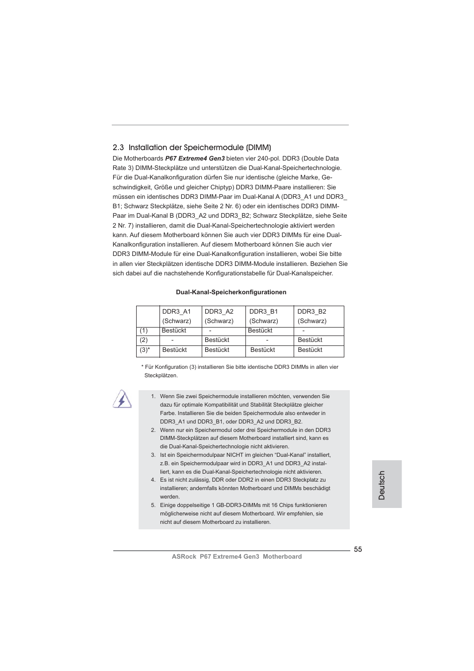 Deutsch 2.3 installation der speichermodule (dimm) | ASRock P67 Extreme4 Gen3 User Manual | Page 55 / 304