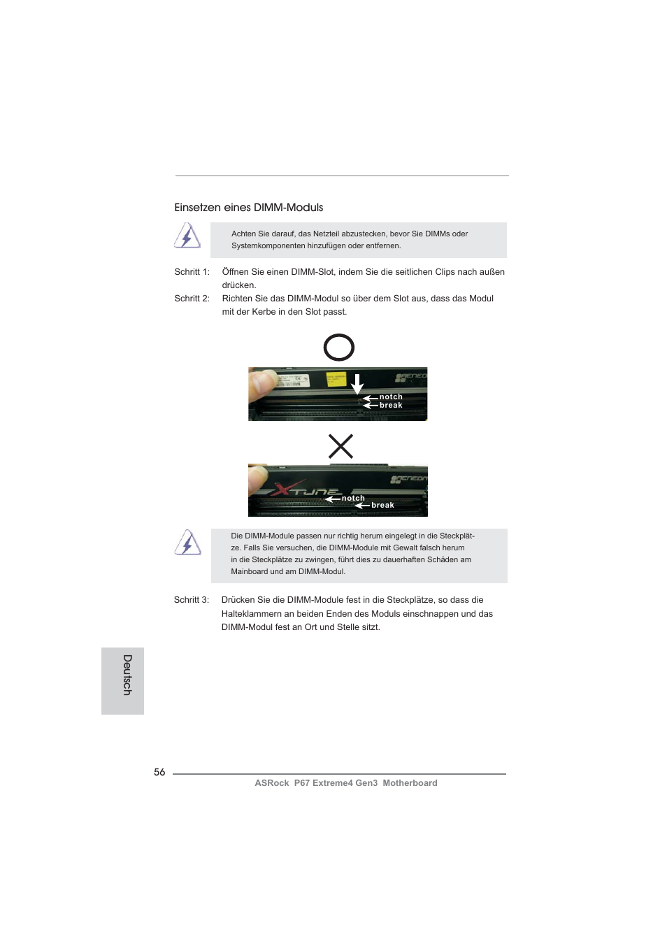 Deutsch, Einsetzen eines dimm-moduls | ASRock P67 Extreme4 Gen3 User Manual | Page 56 / 304