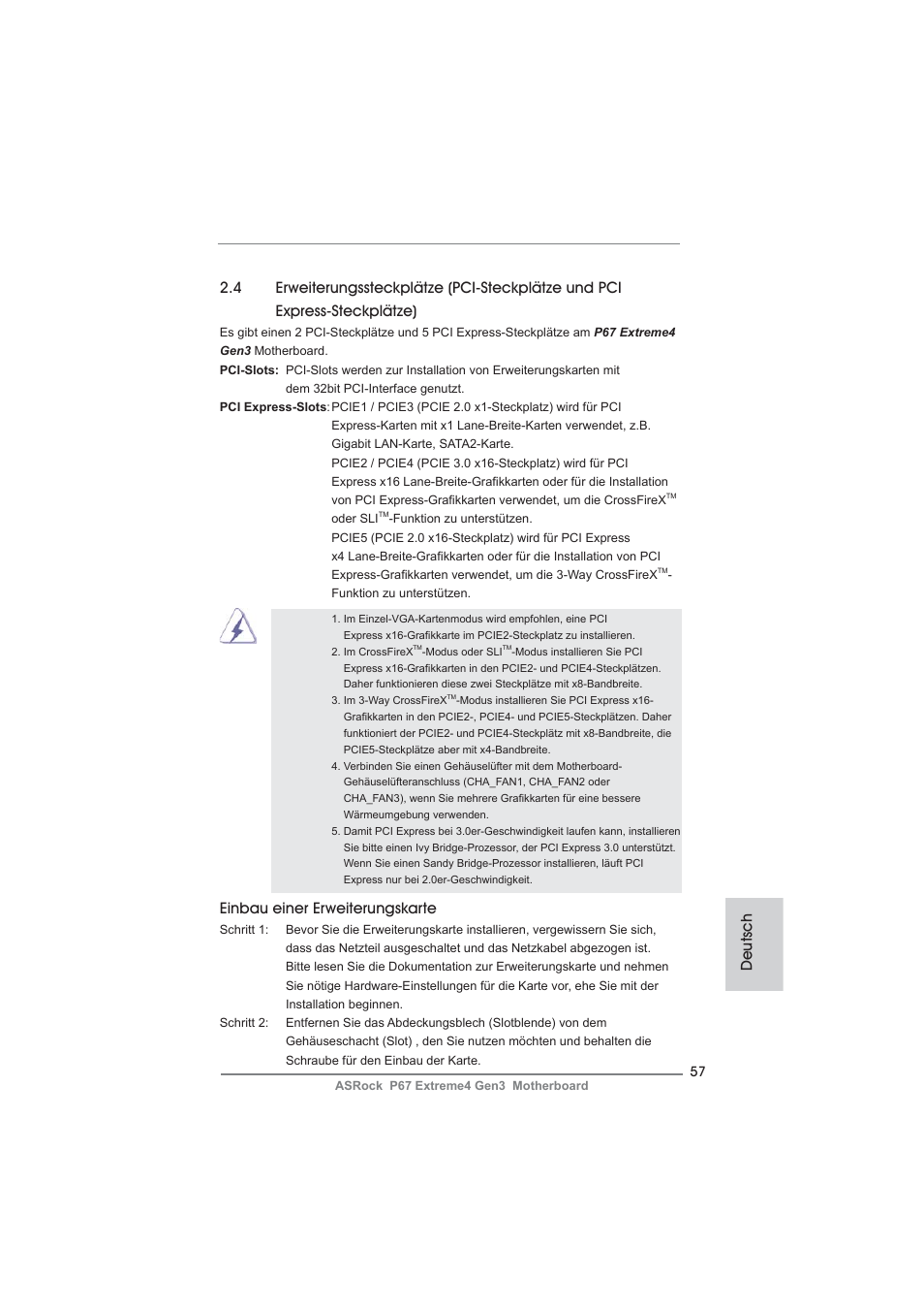 Einbau einer erweiterungskarte, Deutsch | ASRock P67 Extreme4 Gen3 User Manual | Page 57 / 304