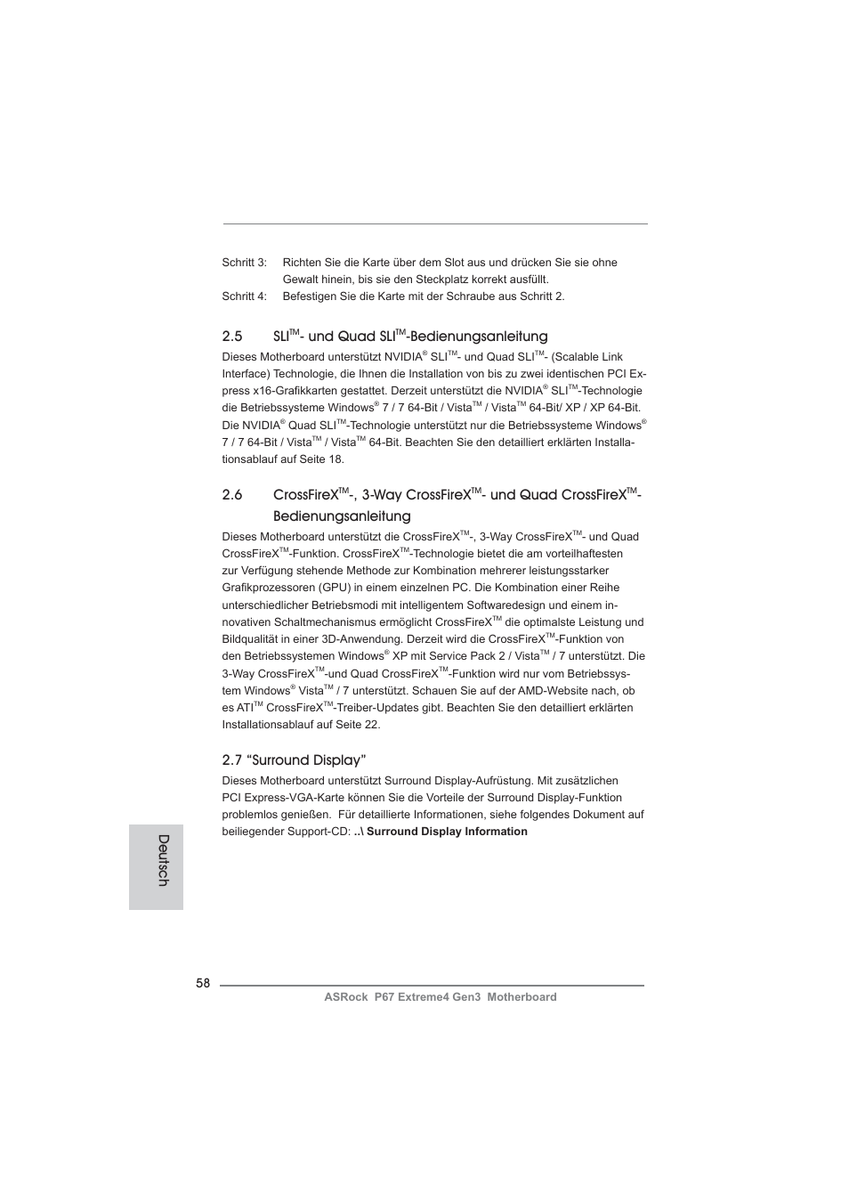 5 sli, Und quad sli, Bedienungsanleitung | 6 crossfirex, Way crossfirex, Und quad crossfirex, 7 “surround display, Deutsch | ASRock P67 Extreme4 Gen3 User Manual | Page 58 / 304