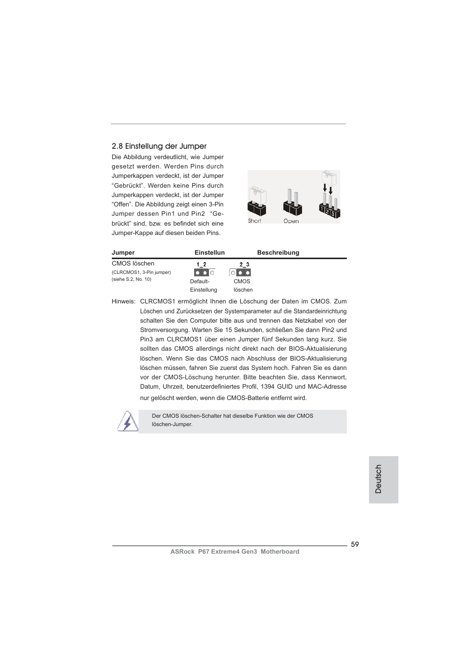 8 einstellung der jumper, Deutsch | ASRock P67 Extreme4 Gen3 User Manual | Page 59 / 304