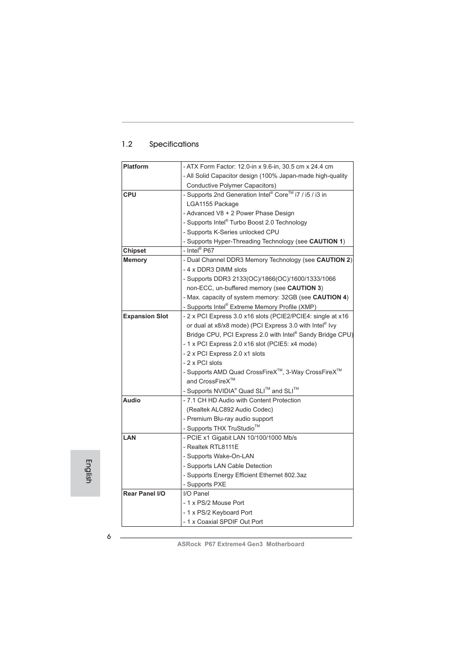 English 1.2 specifications | ASRock P67 Extreme4 Gen3 User Manual | Page 6 / 304