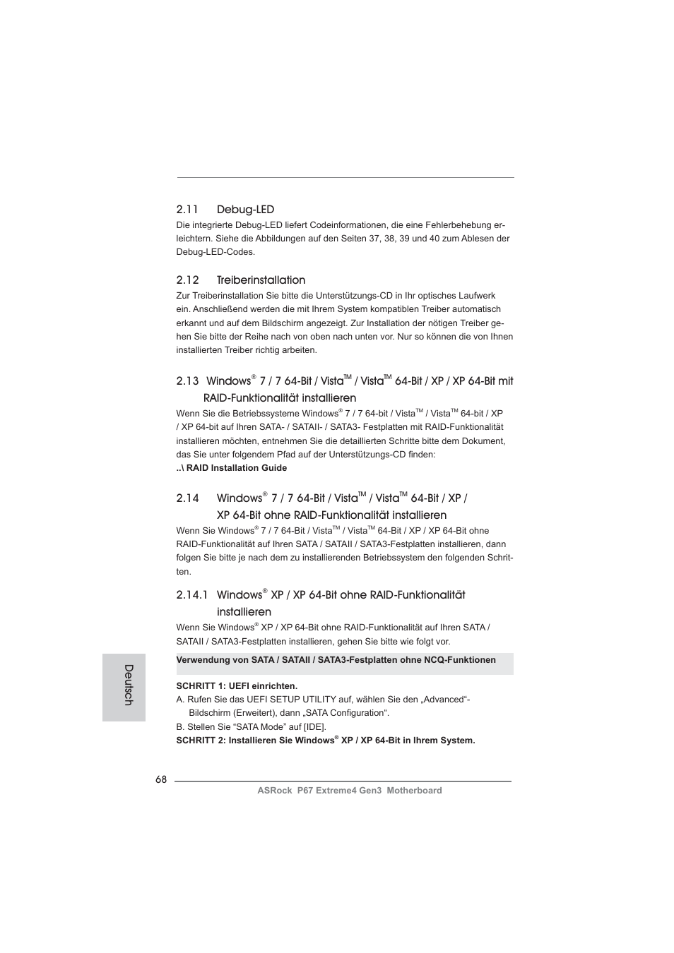 14 windows, 7 / 7 64-bit / vista, Vista | 12 treiberinstallation, 1 windows, 13 windows, 11 debug-led, Deutsch | ASRock P67 Extreme4 Gen3 User Manual | Page 68 / 304