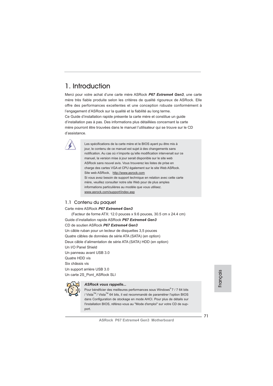 French, Introduction, 1 contenu du paquet | Français | ASRock P67 Extreme4 Gen3 User Manual | Page 71 / 304