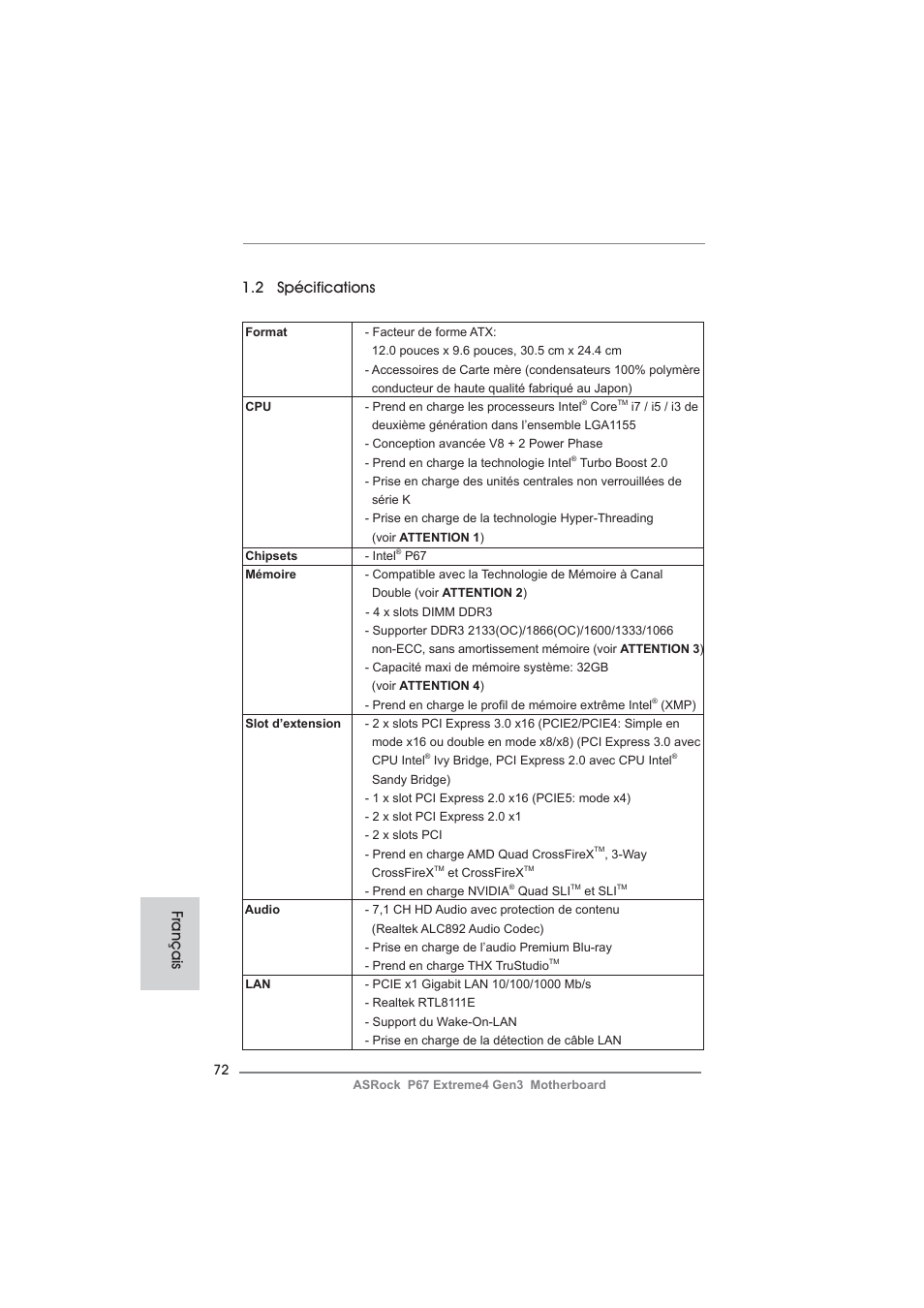 2 spécifications, Français | ASRock P67 Extreme4 Gen3 User Manual | Page 72 / 304