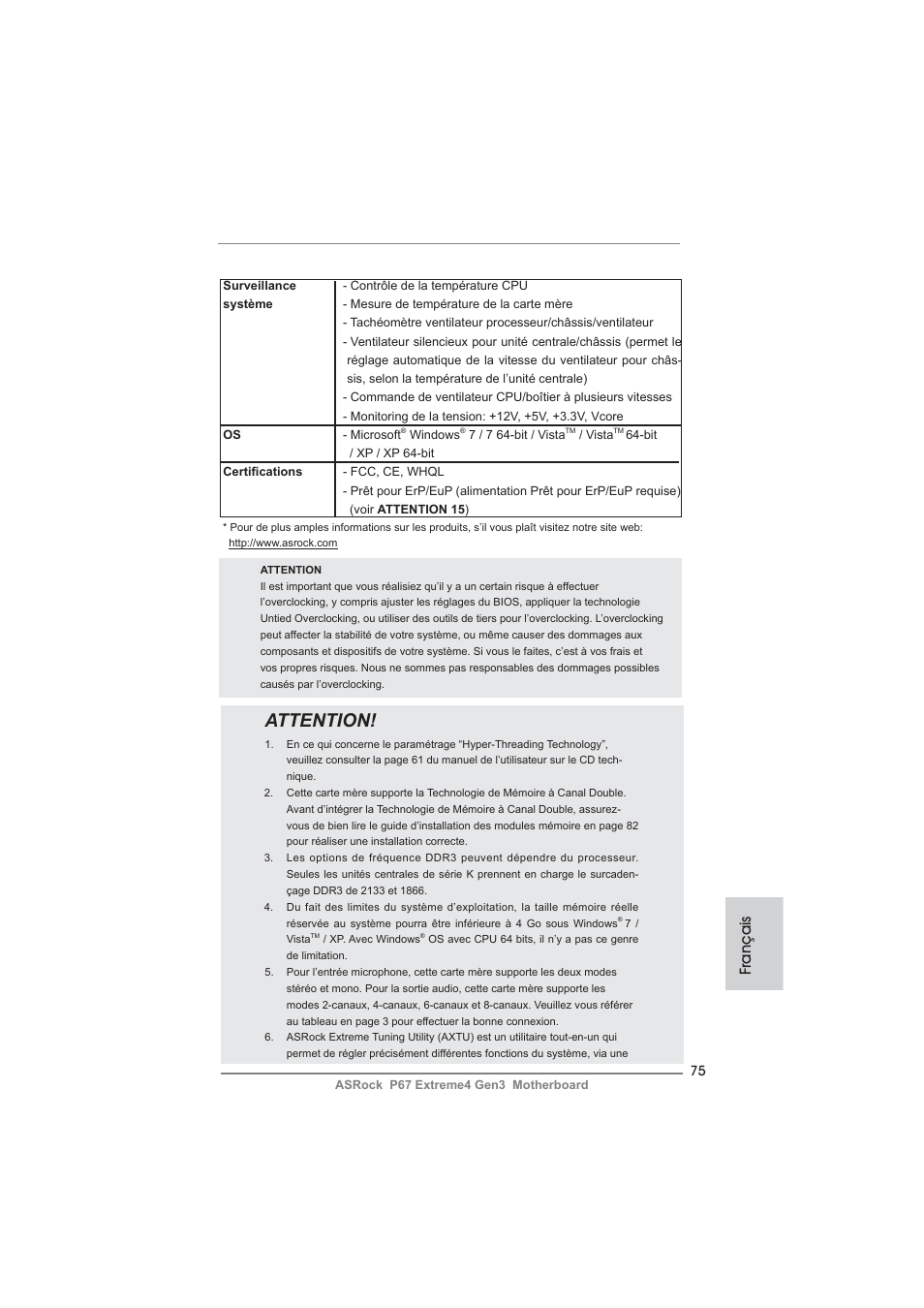 Attention, Français | ASRock P67 Extreme4 Gen3 User Manual | Page 75 / 304