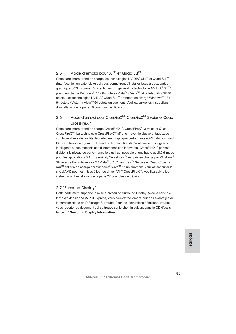 5 mode d’emploi pour sli, Et quad sli, 6 mode d’emploi pour crossfirex | Crossfirex, Voies et quad crossfirex, 7 “surround display, Français | ASRock P67 Extreme4 Gen3 User Manual | Page 85 / 304