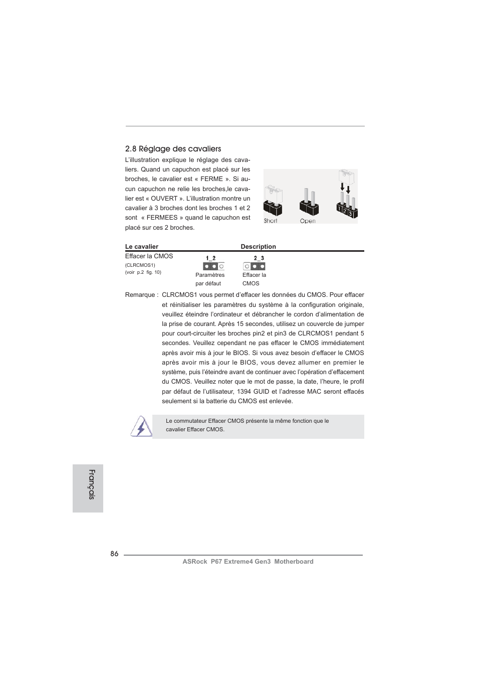 8 réglage des cavaliers, Français | ASRock P67 Extreme4 Gen3 User Manual | Page 86 / 304