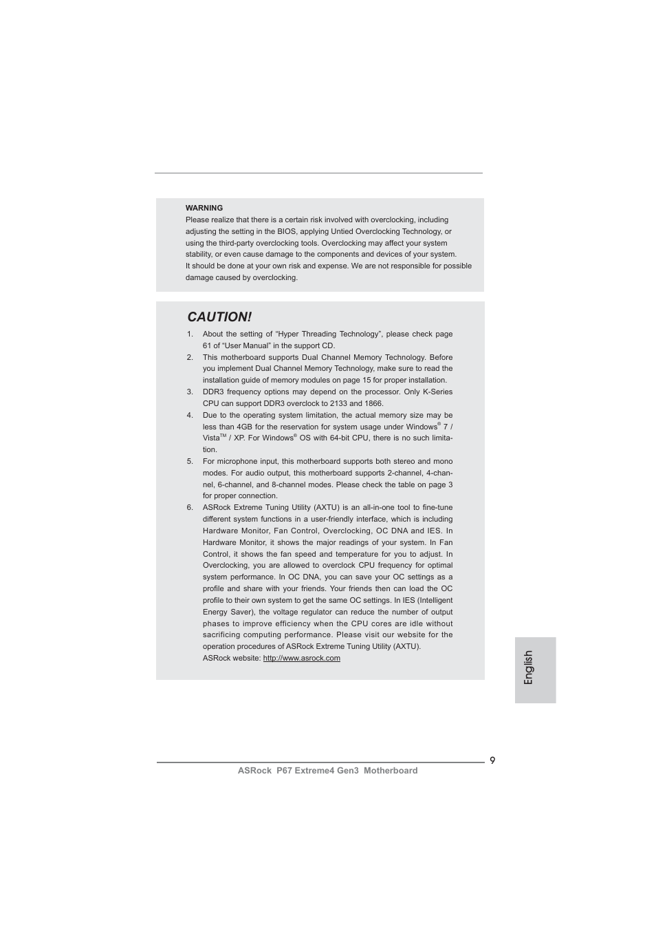 Caution, English | ASRock P67 Extreme4 Gen3 User Manual | Page 9 / 304