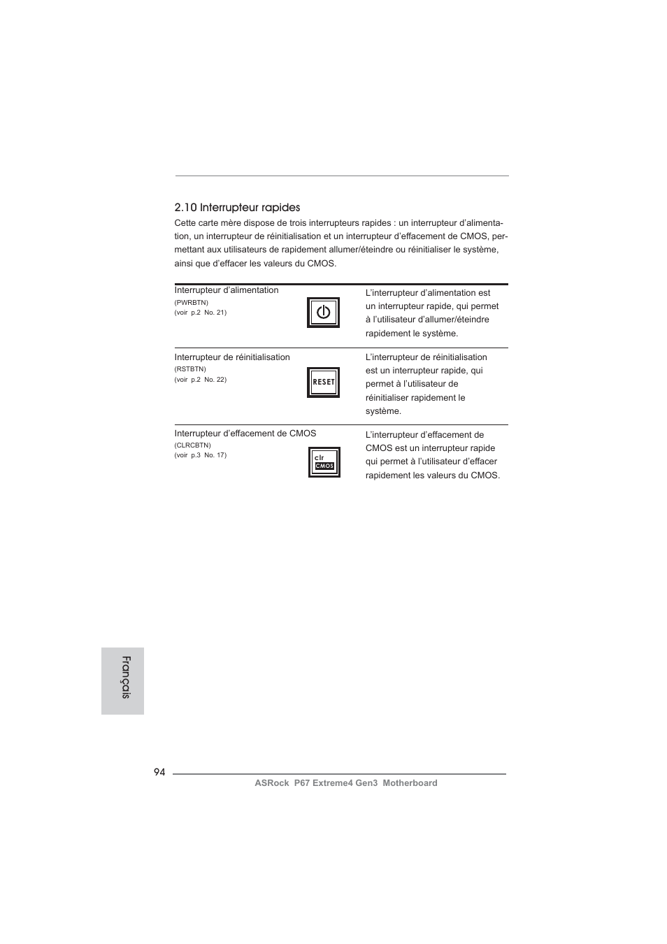 10 interrupteur rapides, Français | ASRock P67 Extreme4 Gen3 User Manual | Page 94 / 304