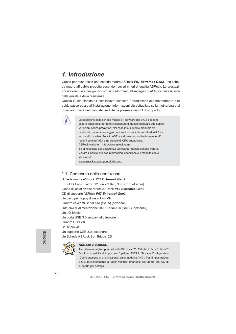 Italian, Introduzione, 1 contenuto della confezione | Italiano | ASRock P67 Extreme4 Gen3 User Manual | Page 98 / 304