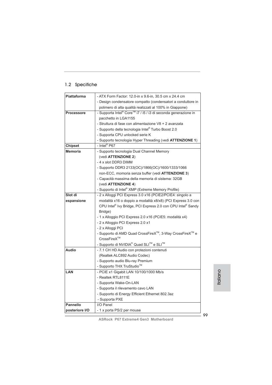 Italiano 1.2 specifiche | ASRock P67 Extreme4 Gen3 User Manual | Page 99 / 304