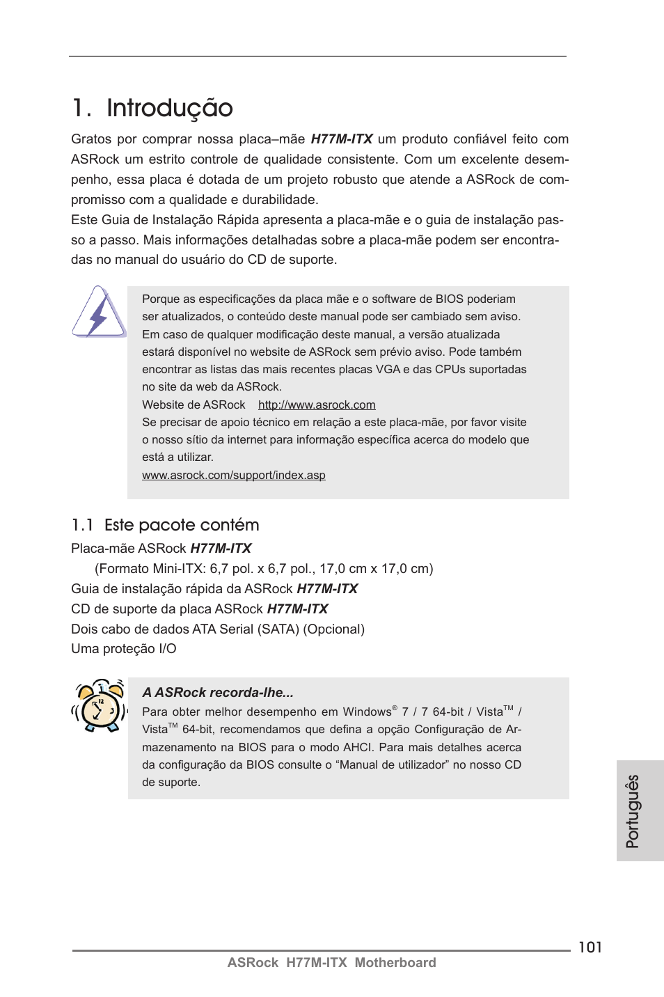 Portuguese, Introdução, Por tuguês | 1 este pacote contém | ASRock H77M-ITX User Manual | Page 101 / 190