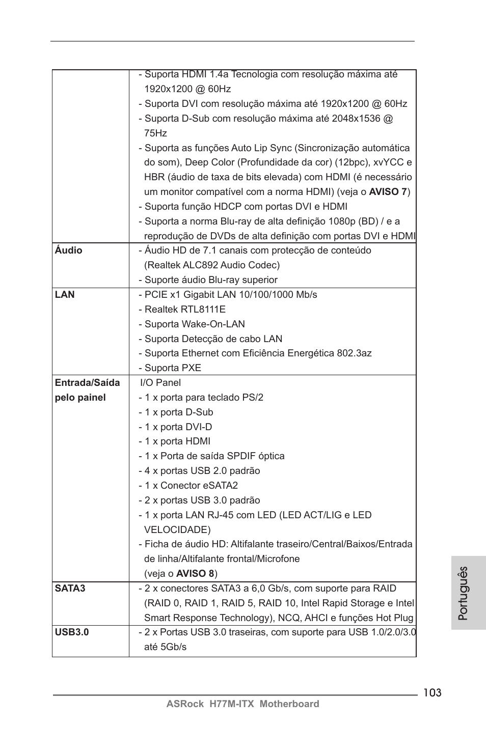 Por tuguês | ASRock H77M-ITX User Manual | Page 103 / 190