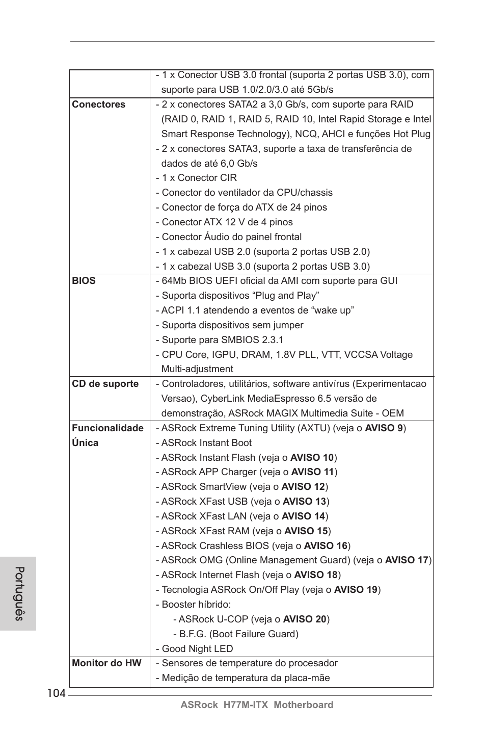 Por tuguês | ASRock H77M-ITX User Manual | Page 104 / 190