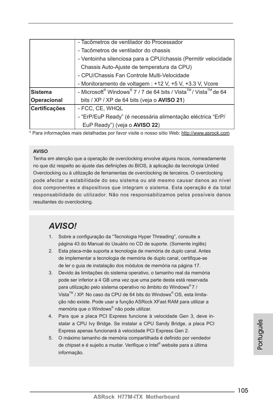 Aviso, Por tuguês | ASRock H77M-ITX User Manual | Page 105 / 190