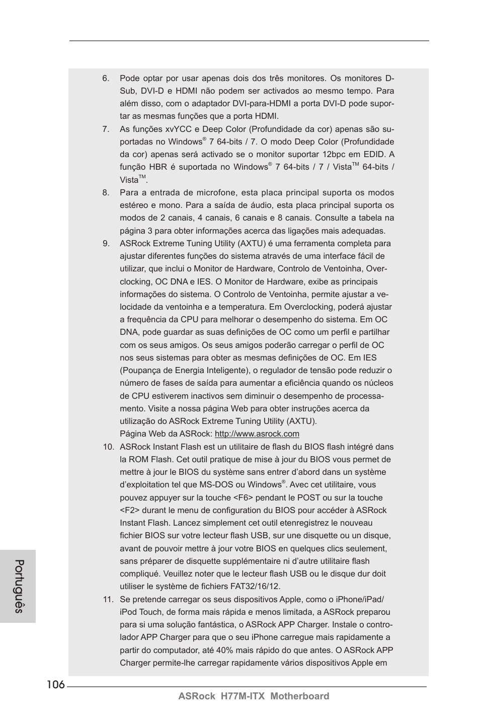 Por tuguês | ASRock H77M-ITX User Manual | Page 106 / 190