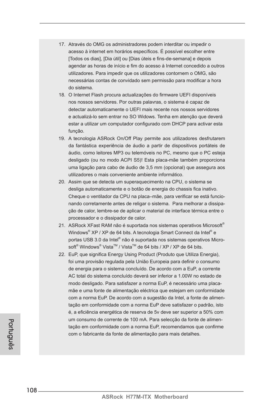 Por tuguês, Asrock h77m-itx motherboard | ASRock H77M-ITX User Manual | Page 108 / 190