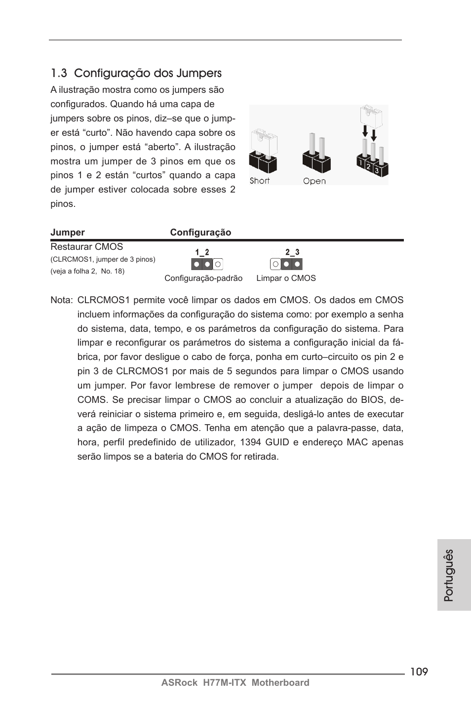 Por tuguês 1.3 configuração dos jumpers | ASRock H77M-ITX User Manual | Page 109 / 190