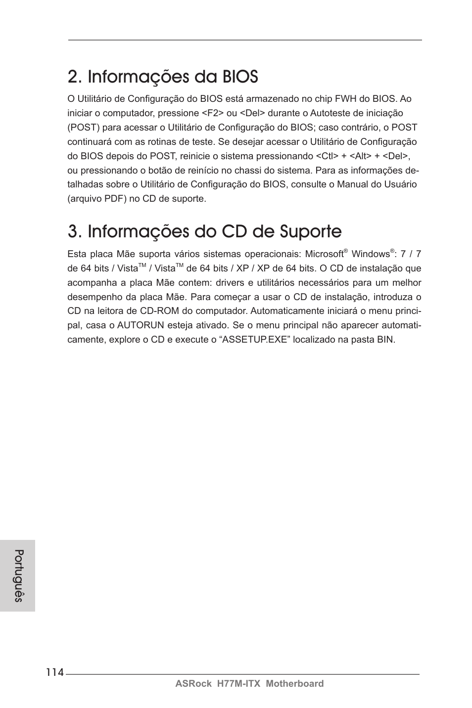 Informações da bios, Informações do cd de suporte, Por tuguês | ASRock H77M-ITX User Manual | Page 114 / 190