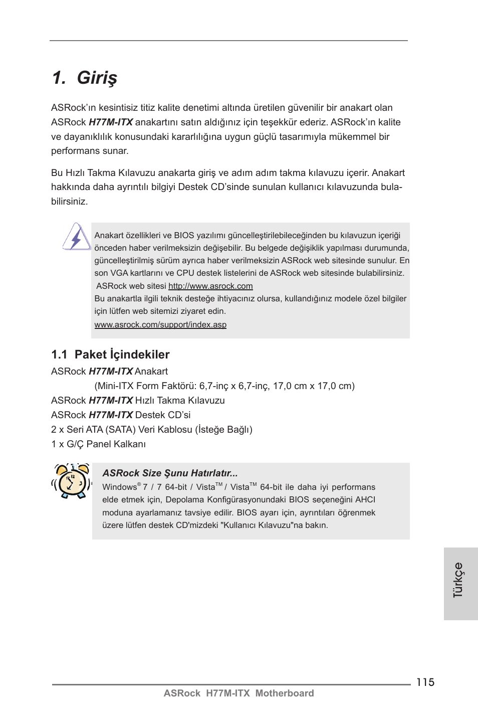 Turkish, Giriş, Türkçe | 1 paket içindekiler | ASRock H77M-ITX User Manual | Page 115 / 190