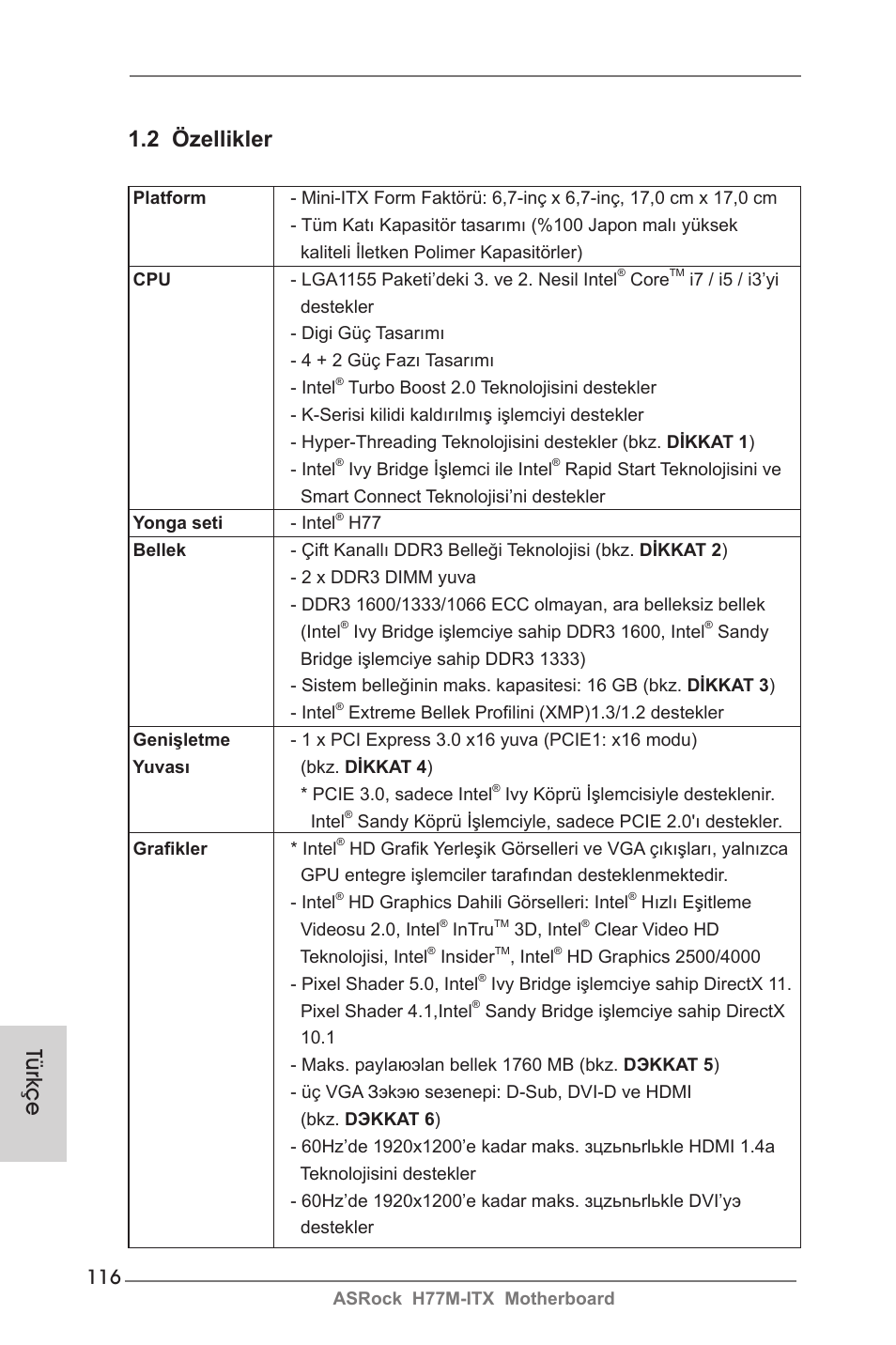 Türkçe, 2 özellikler | ASRock H77M-ITX User Manual | Page 116 / 190