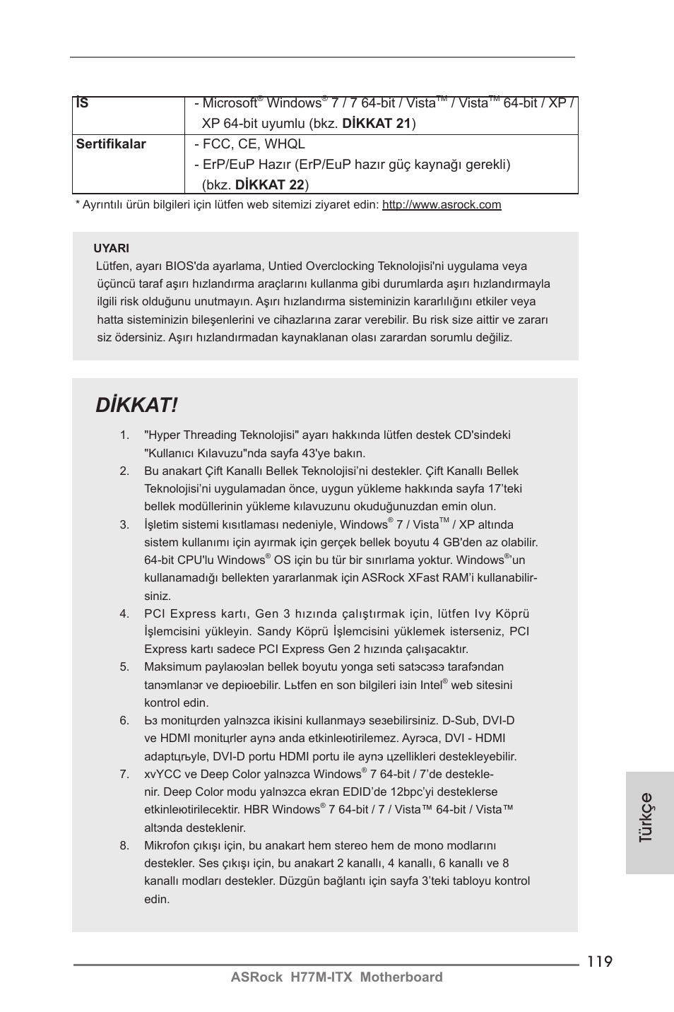 Dikkat, Türkçe | ASRock H77M-ITX User Manual | Page 119 / 190