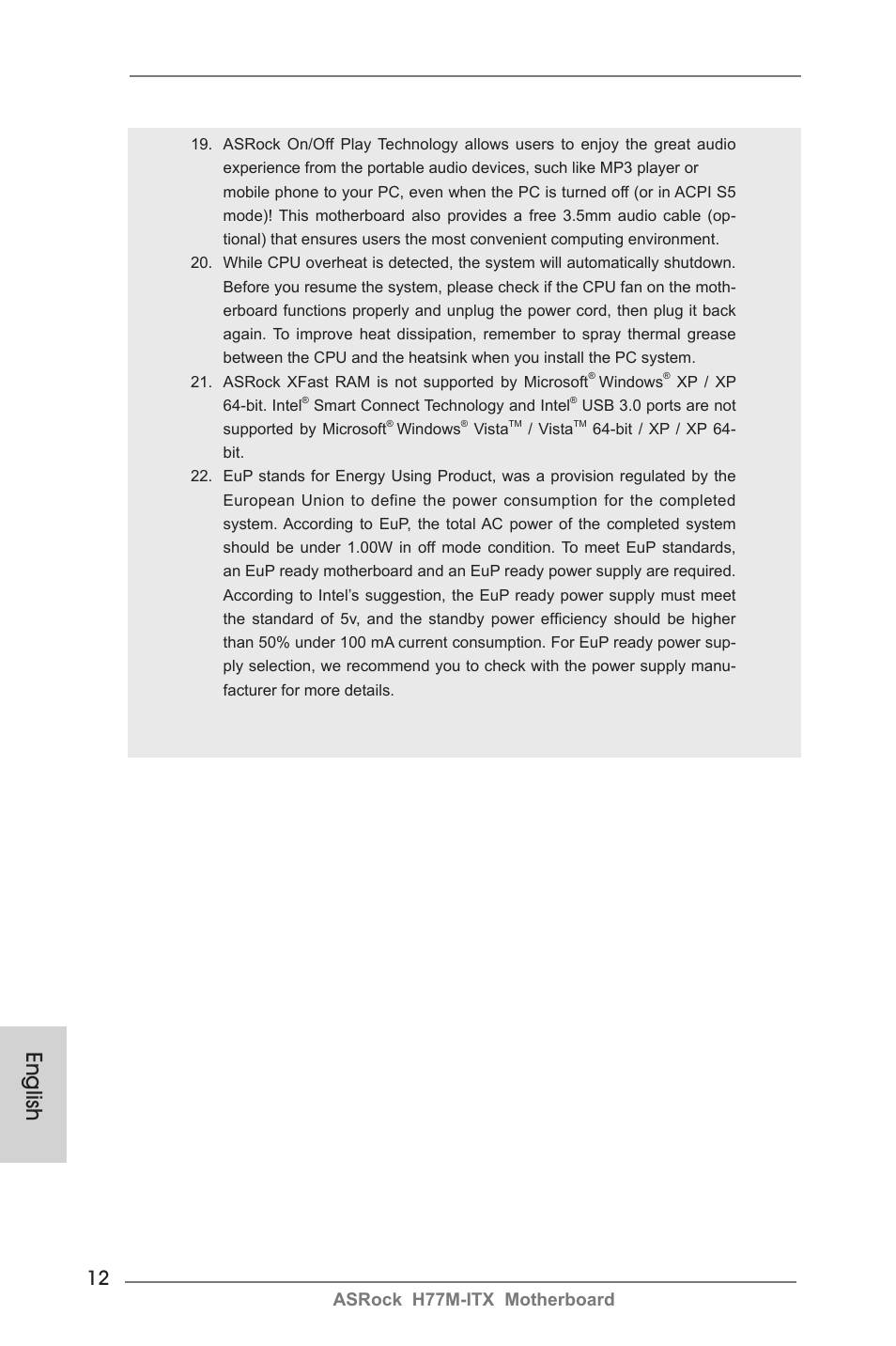 English, Asrock h77m-itx motherboard | ASRock H77M-ITX User Manual | Page 12 / 190