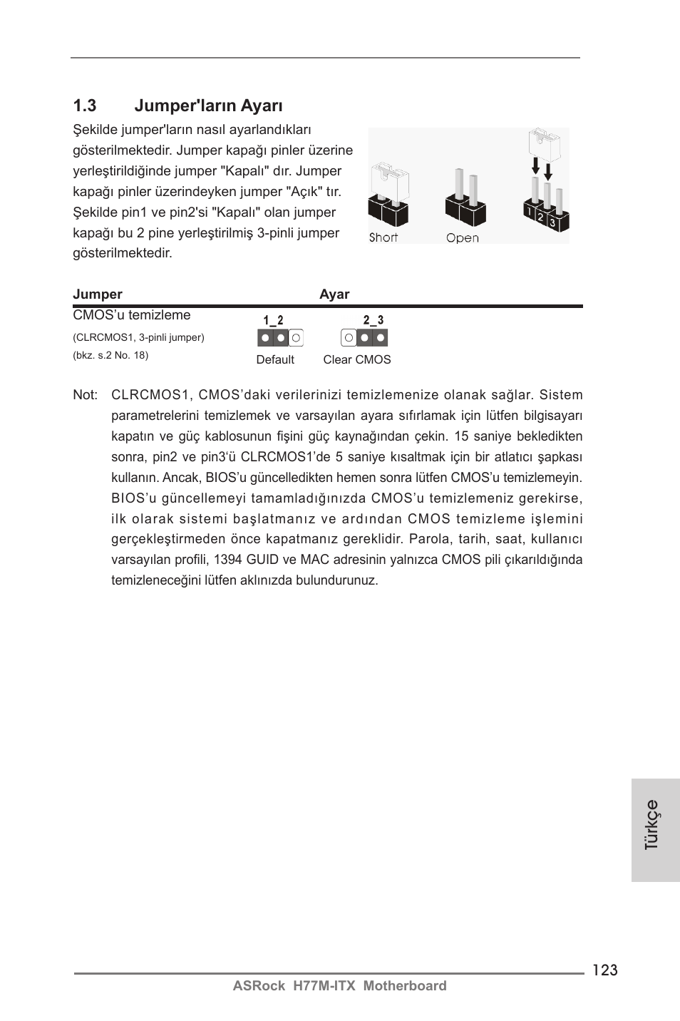 Türkçe 1.3 jumper'ların ayarı | ASRock H77M-ITX User Manual | Page 123 / 190