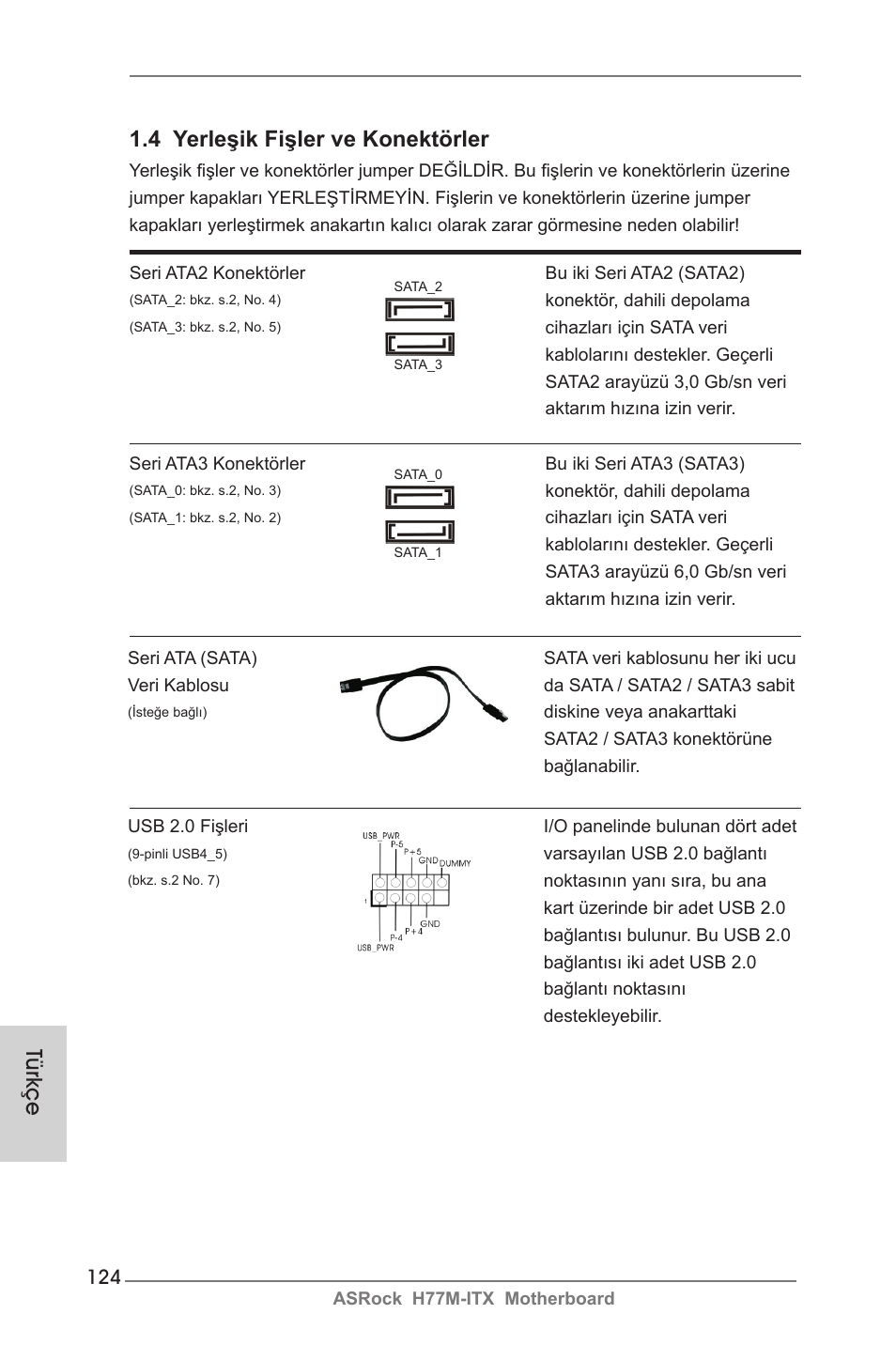 Türkçe 1.4 yerleşik fişler ve konektörler | ASRock H77M-ITX User Manual | Page 124 / 190