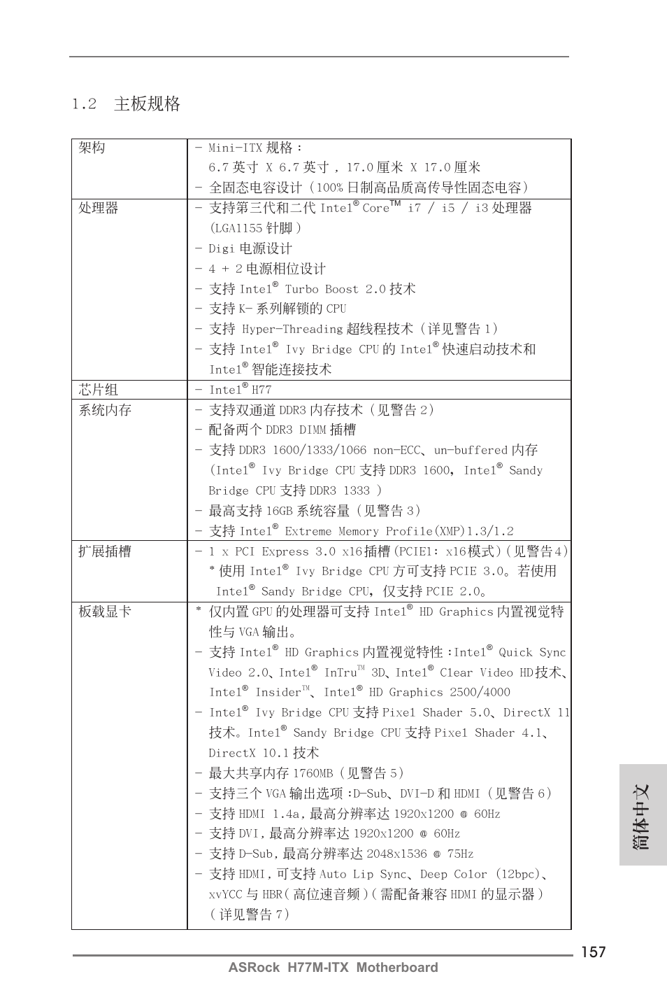 簡體中文 1.2 主板規格 | ASRock H77M-ITX User Manual | Page 157 / 190