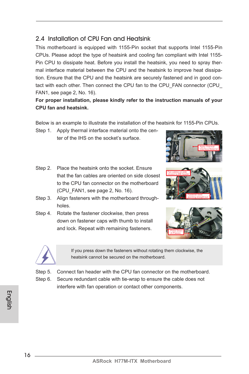 English 2.4 installation of cpu fan and heatsink | ASRock H77M-ITX User Manual | Page 16 / 190