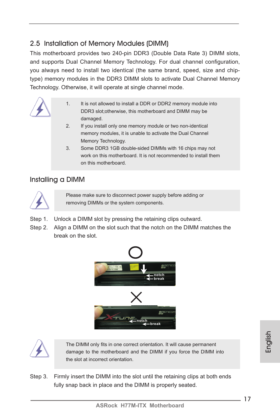 Installing a dimm | ASRock H77M-ITX User Manual | Page 17 / 190