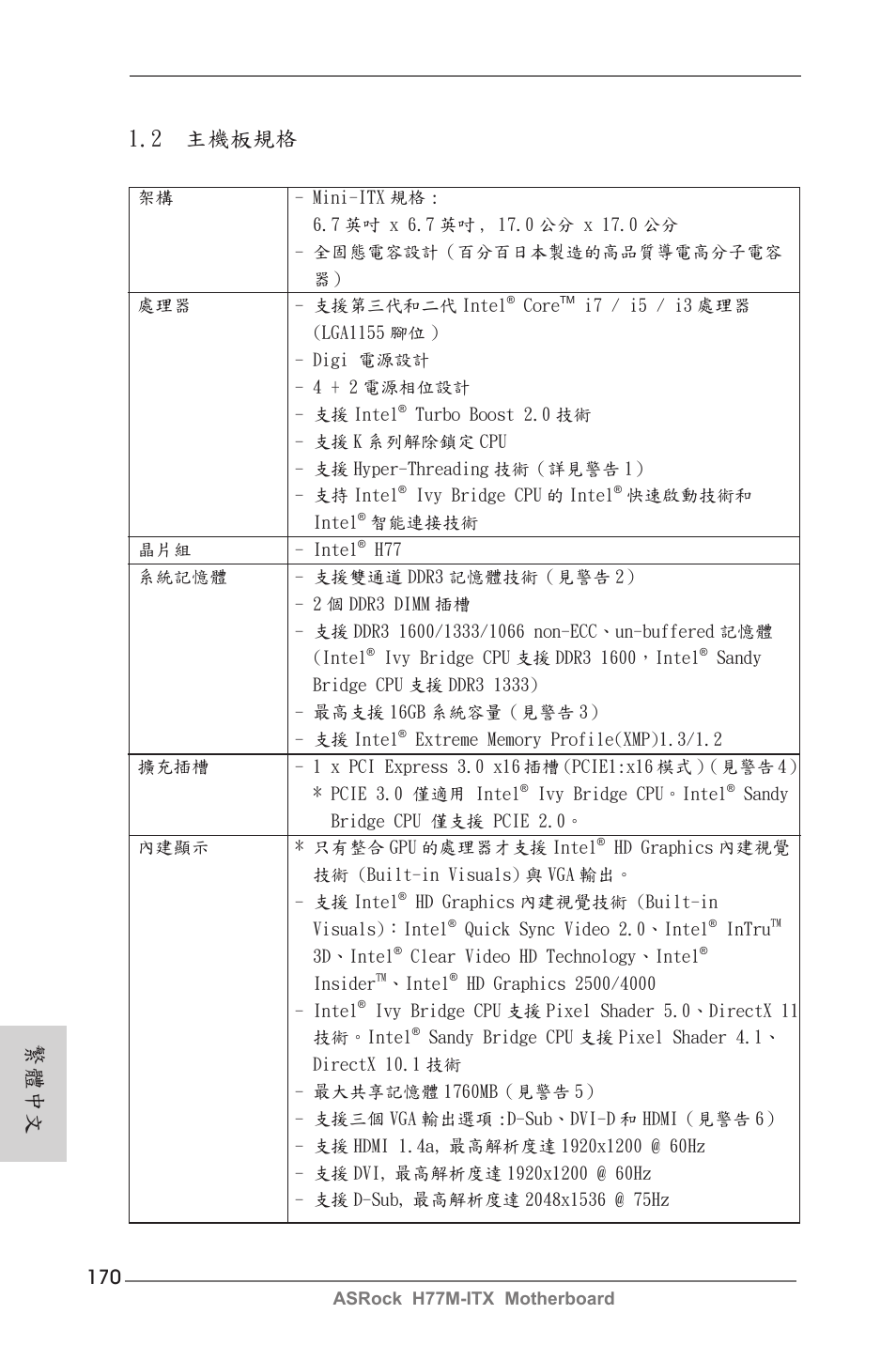 2 主機板規格, 繁體中文 | ASRock H77M-ITX User Manual | Page 170 / 190