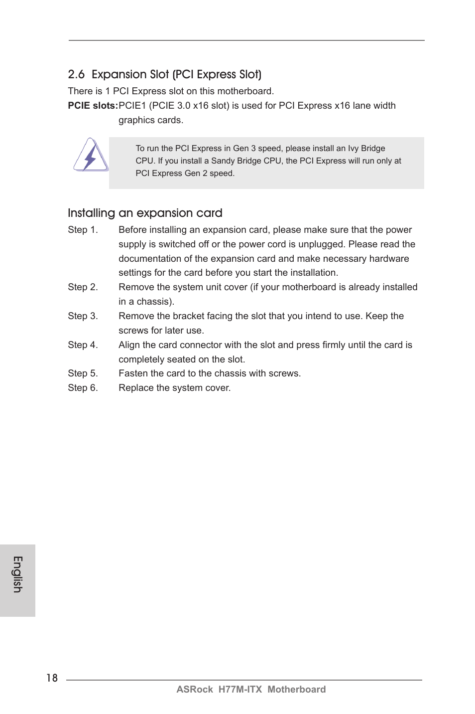 English 2.6 expansion slot (pci express slot), Installing an expansion card | ASRock H77M-ITX User Manual | Page 18 / 190