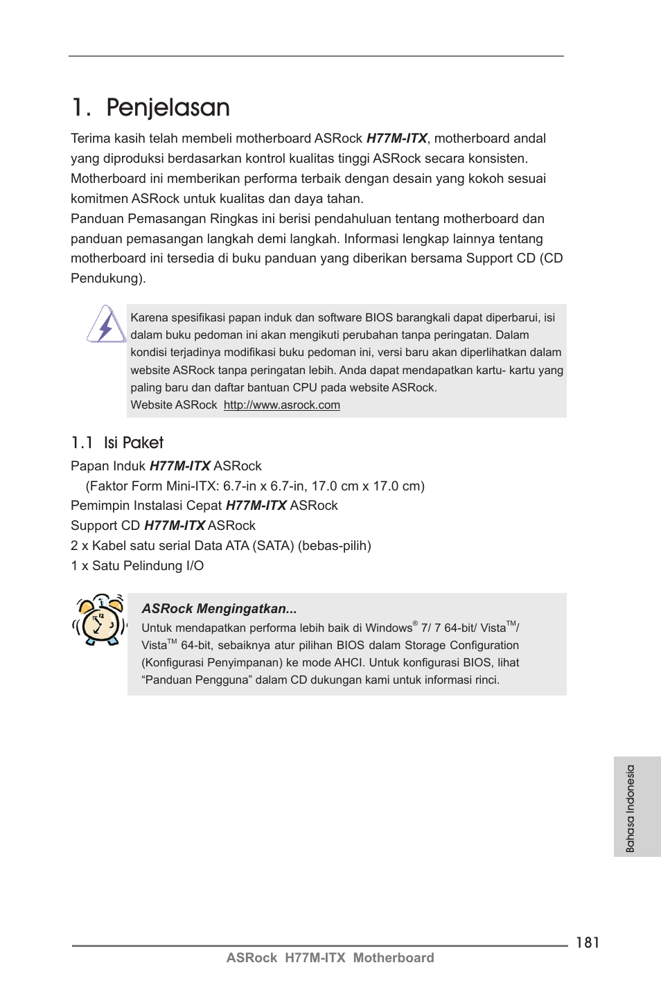 Indonesian, Penjelasan, 1 isi paket | ASRock H77M-ITX User Manual | Page 181 / 190