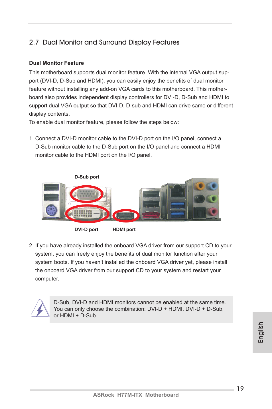 English, 7 dual monitor and surround display features | ASRock H77M-ITX User Manual | Page 19 / 190