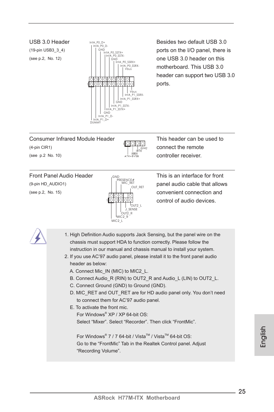 English, Asrock h77m-itx motherboard, Usb 3.0 header besides two default usb 3.0 | Ports on the i/o panel, there is, Panel audio cable that allows, Convenient connection and control of audio devices, Connect the remote, Controller receiver | ASRock H77M-ITX User Manual | Page 25 / 190