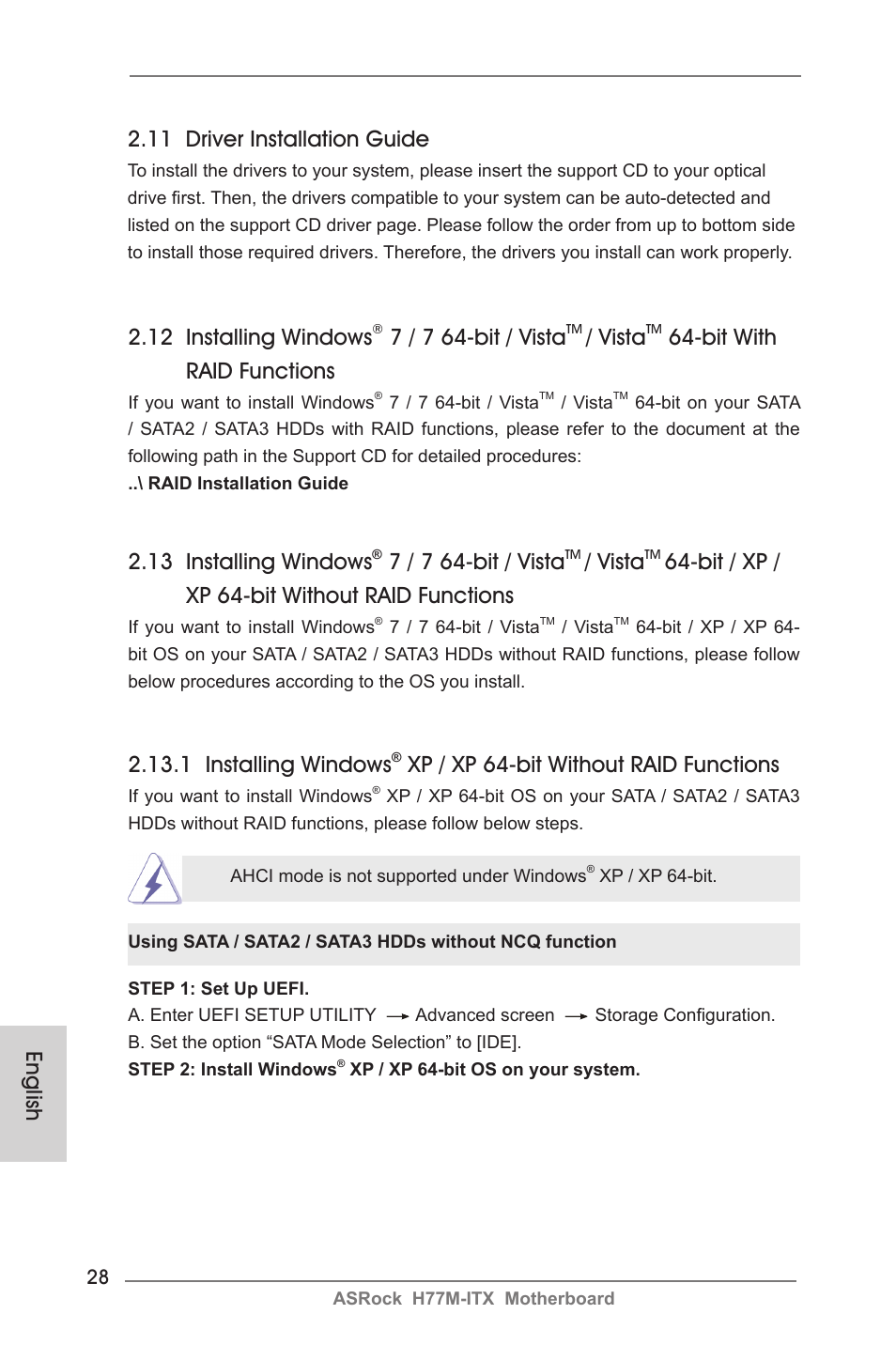 English 2.12 installing windows, 7 / 7 64-bit / vista, Vista | Bit with raid functions, 11 driver installation guide, 13 installing windows, Bit / xp / xp 64-bit without raid functions, 1 installing windows, Xp / xp 64-bit without raid functions | ASRock H77M-ITX User Manual | Page 28 / 190