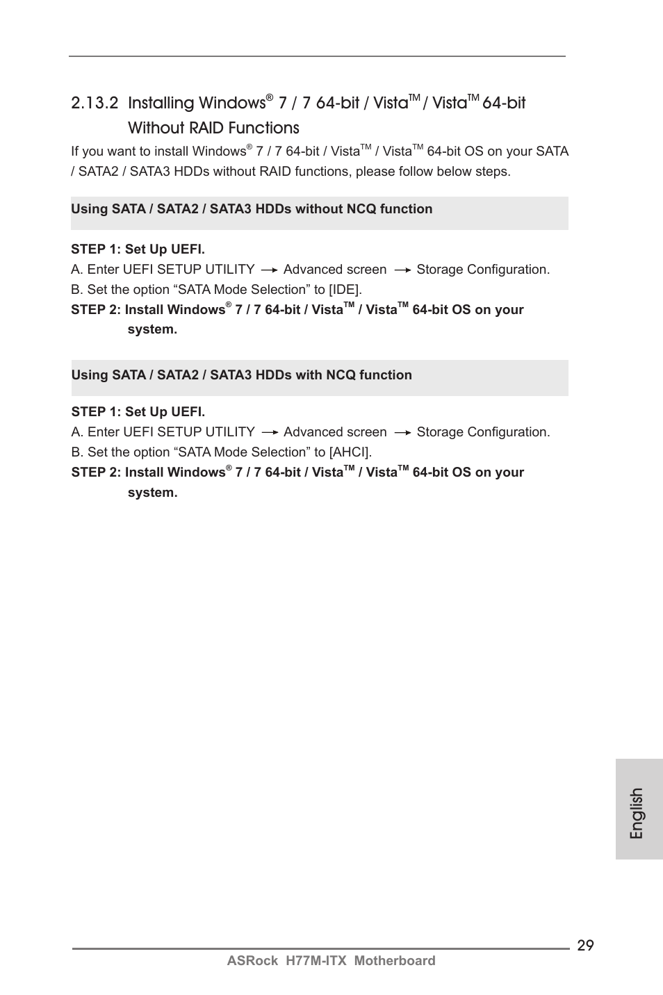 English 2.13.2 installing windows, 7 / 7 64-bit / vista, Vista | Bit without raid functions | ASRock H77M-ITX User Manual | Page 29 / 190