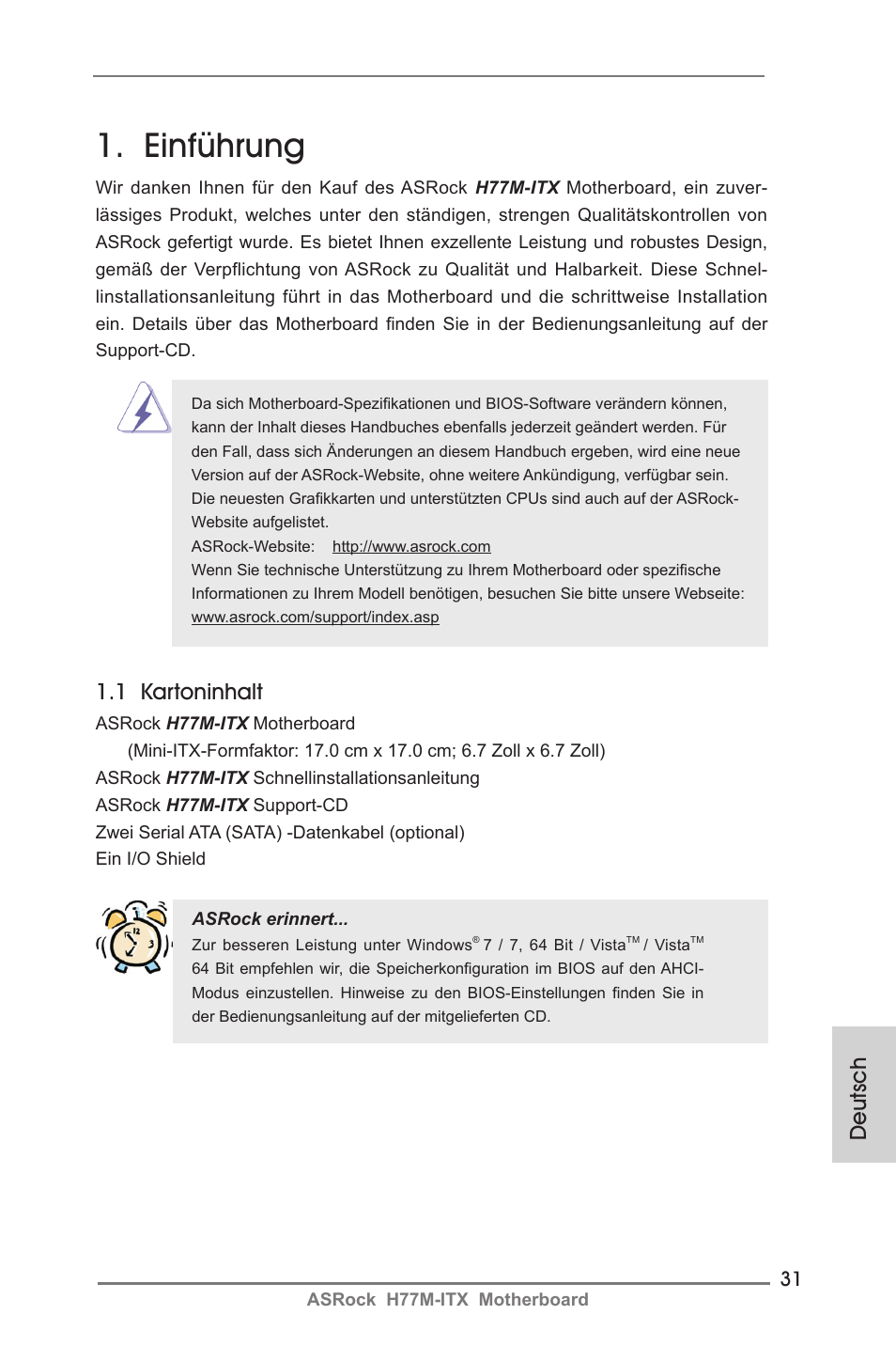 German, Einführung, Deutsch | 1 kartoninhalt | ASRock H77M-ITX User Manual | Page 31 / 190