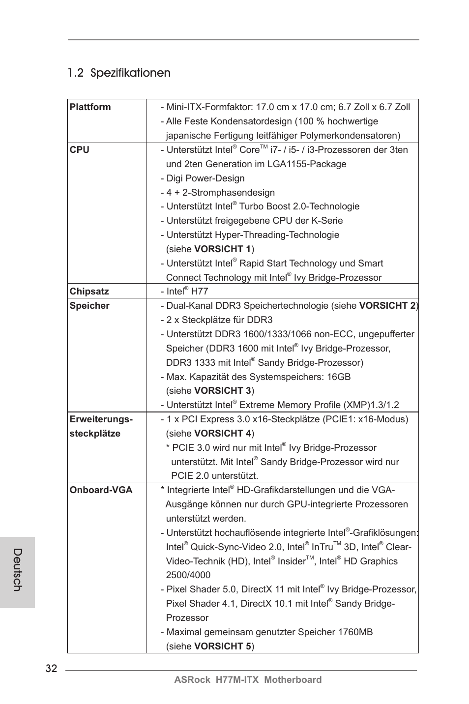 Deutsch 1.2 spezifikationen | ASRock H77M-ITX User Manual | Page 32 / 190