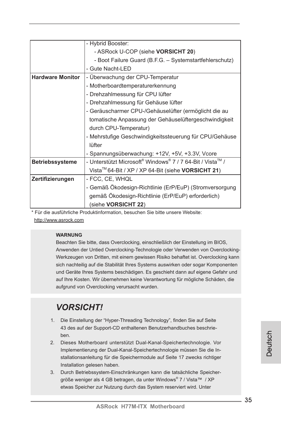 Vorsicht, Deutsch | ASRock H77M-ITX User Manual | Page 35 / 190